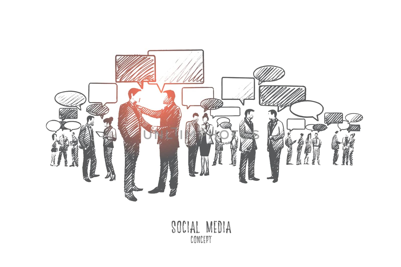 Social media concept. Hand drawn group of people communicate through internet. Diversity people connected with the help of digital devices isolated vector illustration.