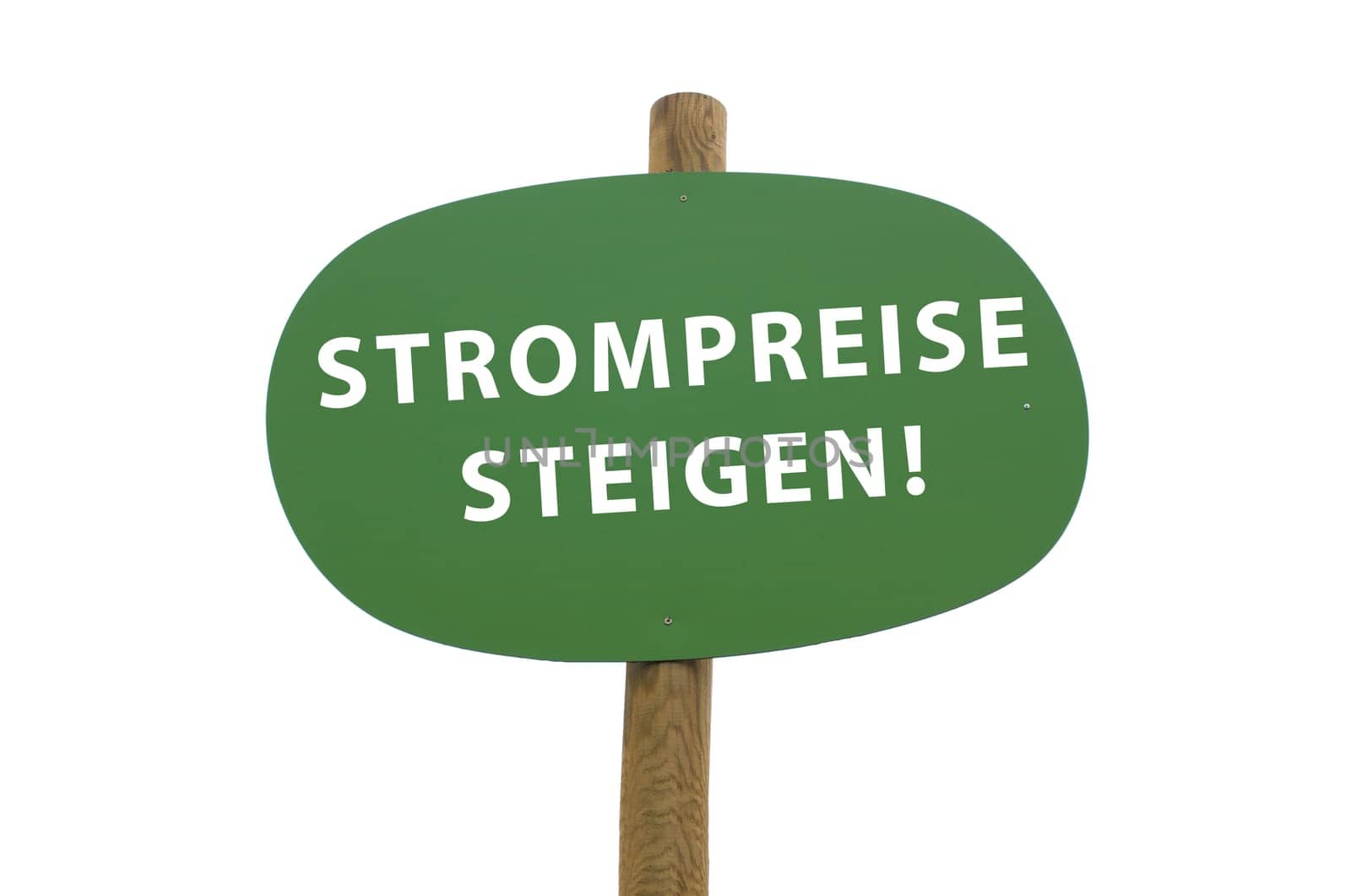 Increasing costs for electricity, german language, green sign in front of a white background, green politics in Germany