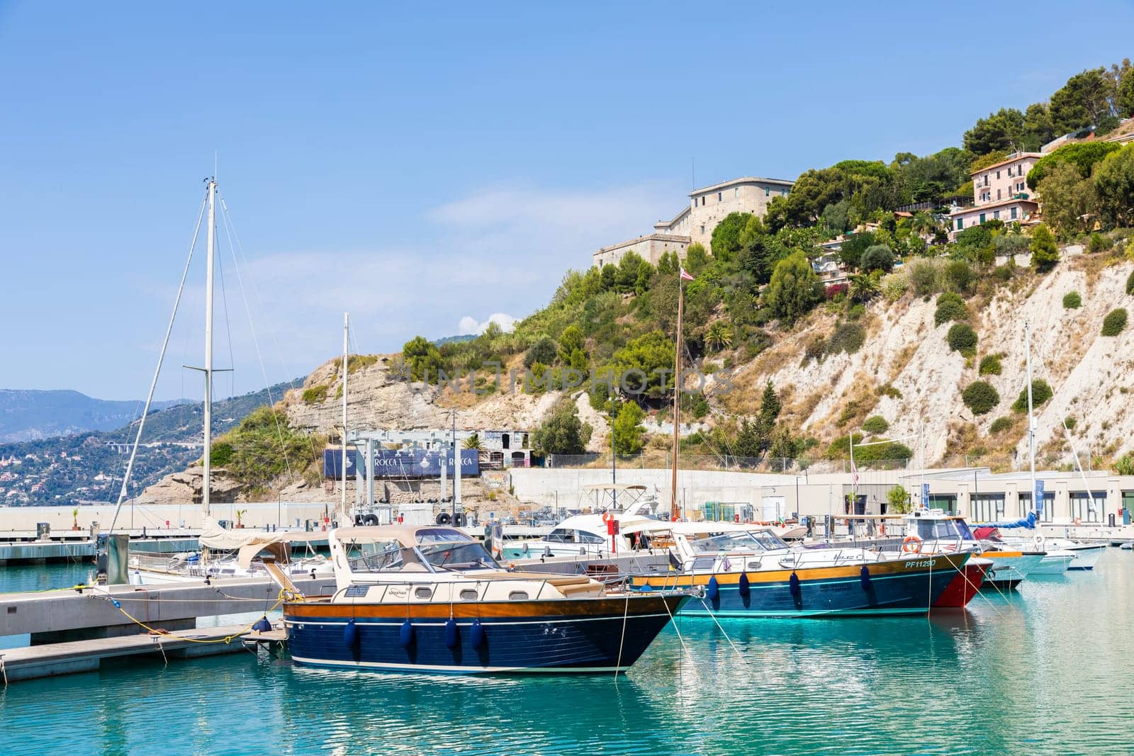 Ventimiglia, Italy - Circa August 2021: Cala del Forte is an exquisite, brand new, state-of-the-art marina located in Ventimiglia, Italy, only 15 minutes from the Principality of Monaco