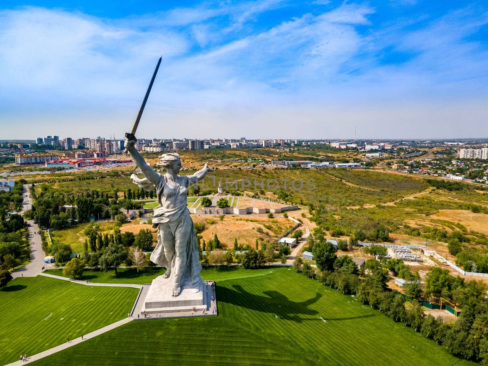 Volgograd, Russia. Aerial view of the statue "The Motherland calls"" after restoration on the top of The Mamaev Hill"