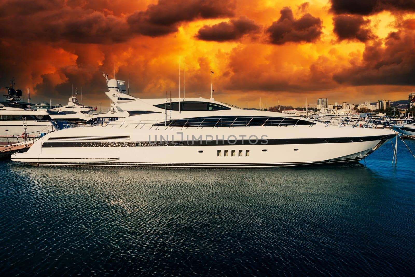 White yachts in the port. Yachts parking in harbor