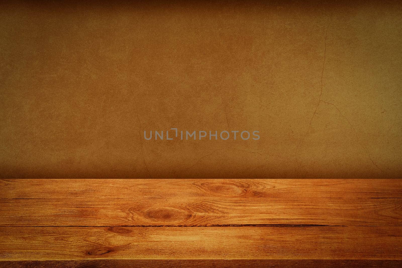 The background is blank wooden boards and a textured plastered wall with lighting and vignetting. For product demonstrations, free space, layout, mockup, perspective board, background board.