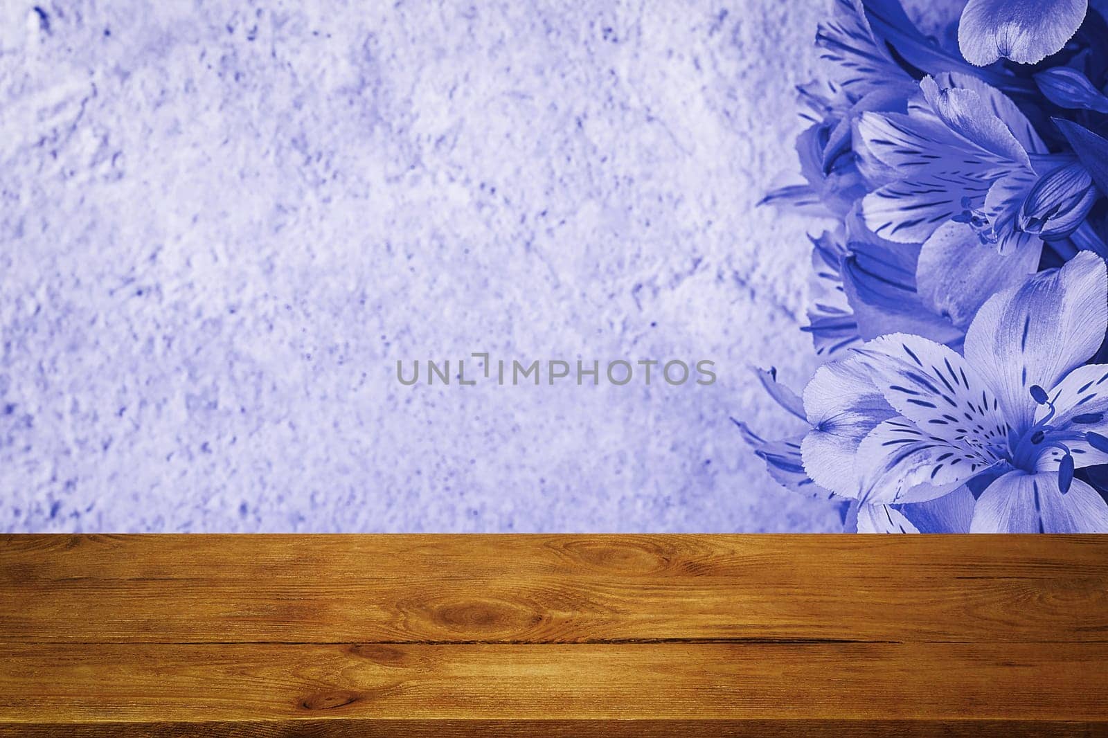 Background flowers on a textured stucco wall and blank wooden planks in the foreground. For product demonstrations, free space, layout, mockup, perspective board, background board.