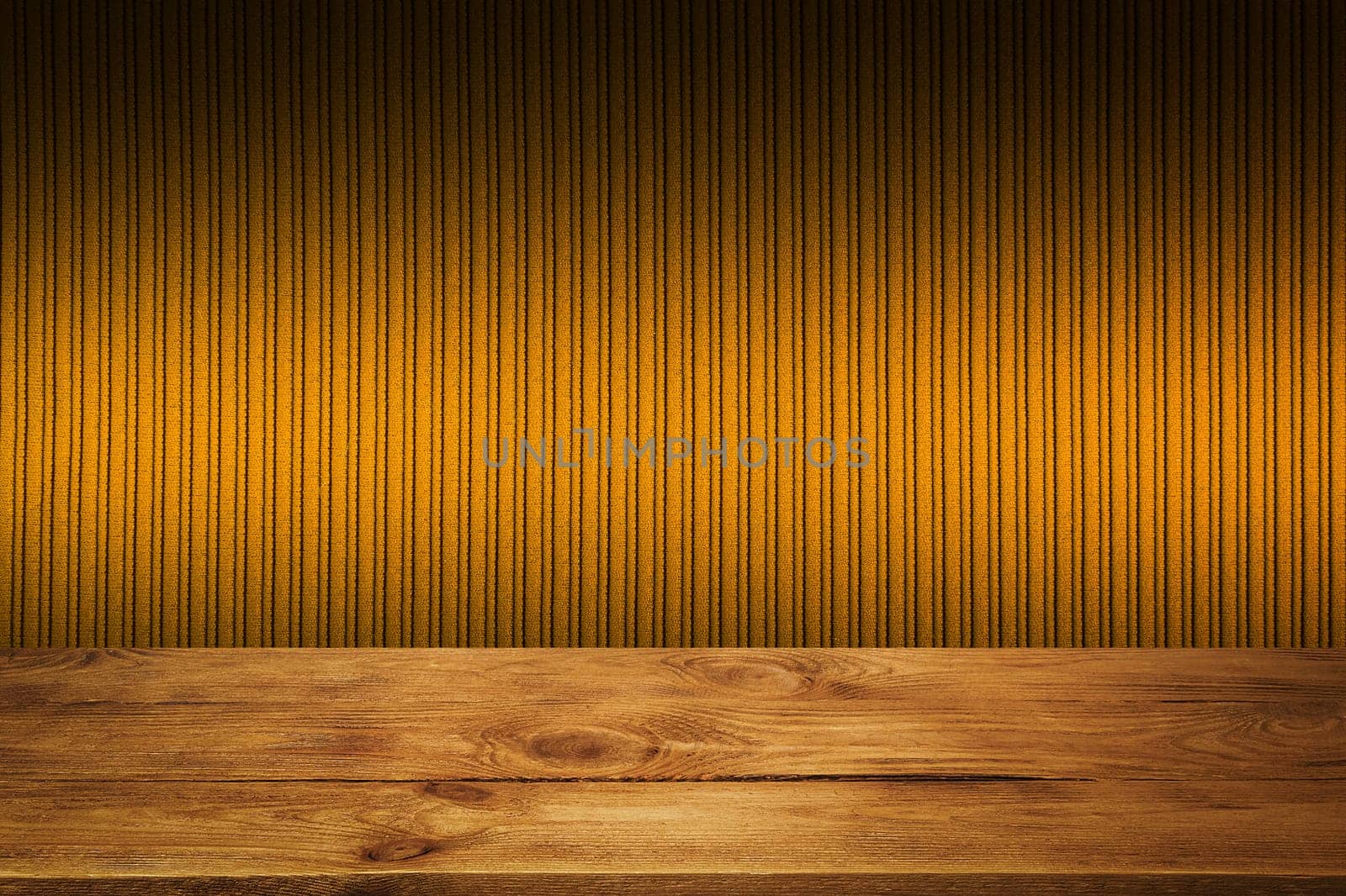 The background is blank wooden boards and a textured striped wall with gradient lighting and vignetting. For product demonstrations, free space, layout, mockup, perspective board, background board.