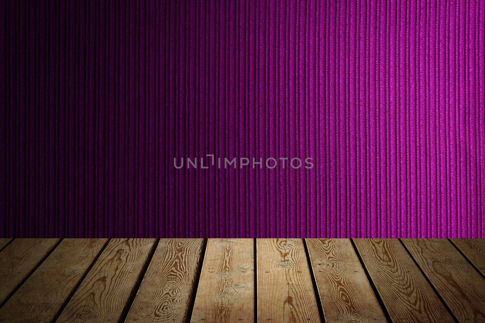 The background is blank wooden boards and a textured striped wall with gradient lighting and vignetting. For product demonstrations, free space, layout, mockup, perspective board, background board.