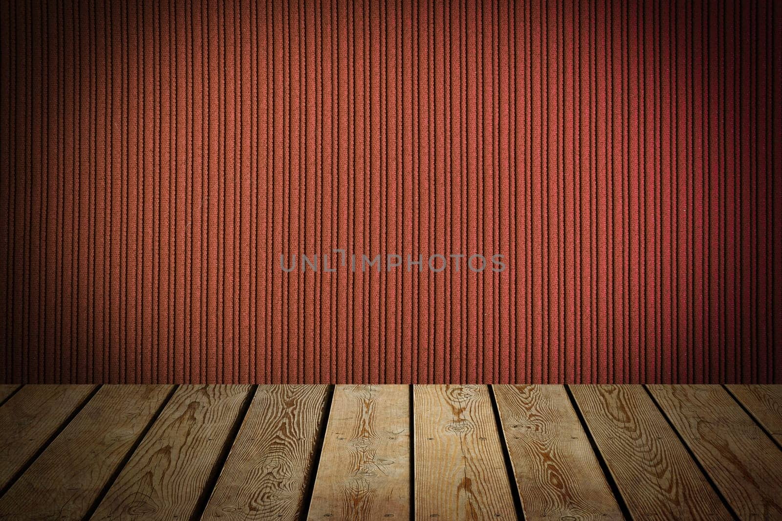 The background is blank wooden boards and a textured striped wall with gradient lighting and vignetting. For product demonstrations, free space, layout, mockup, perspective board, background board.