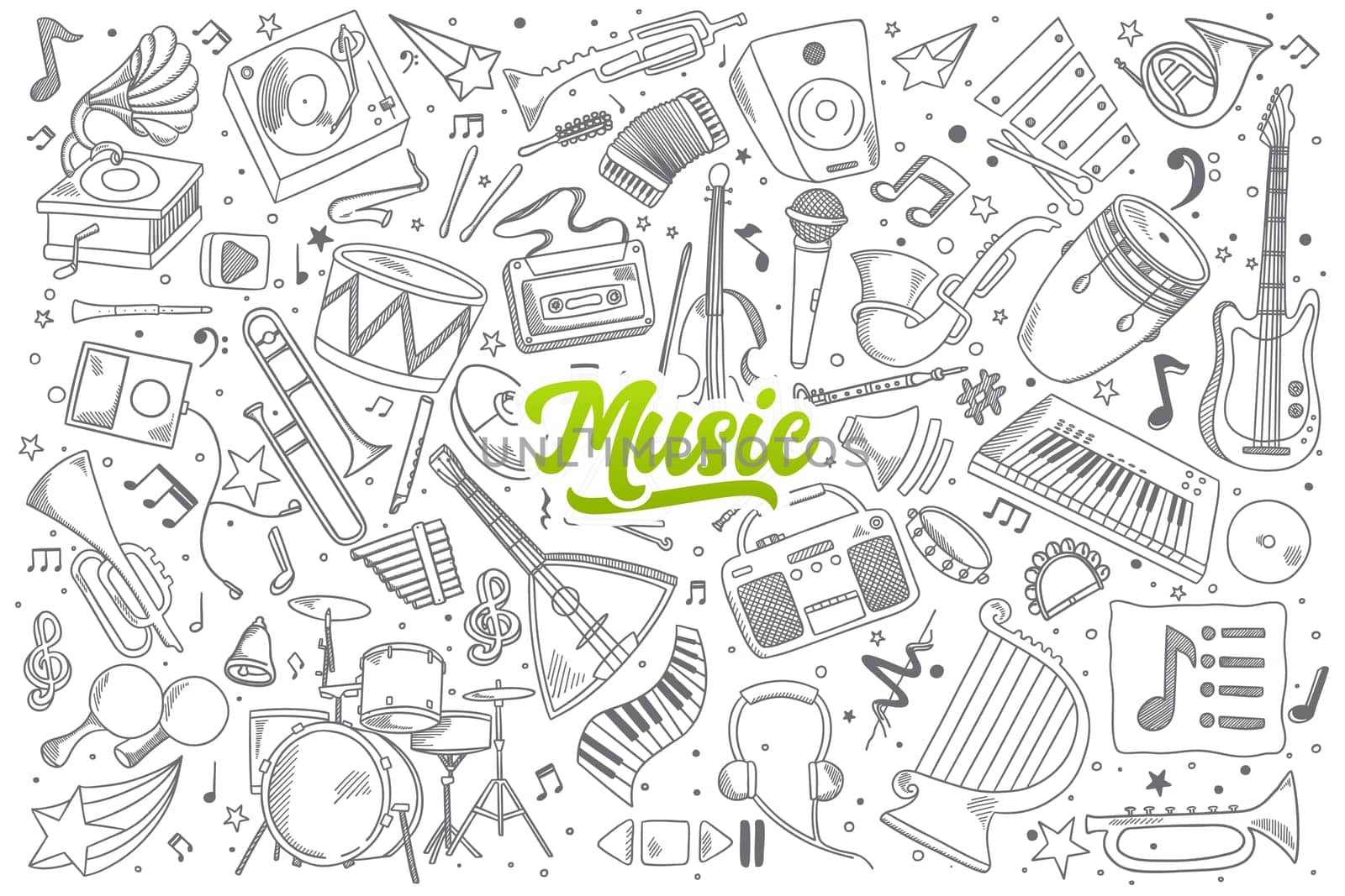Hand drawn set of music doodles with green lettering in vector