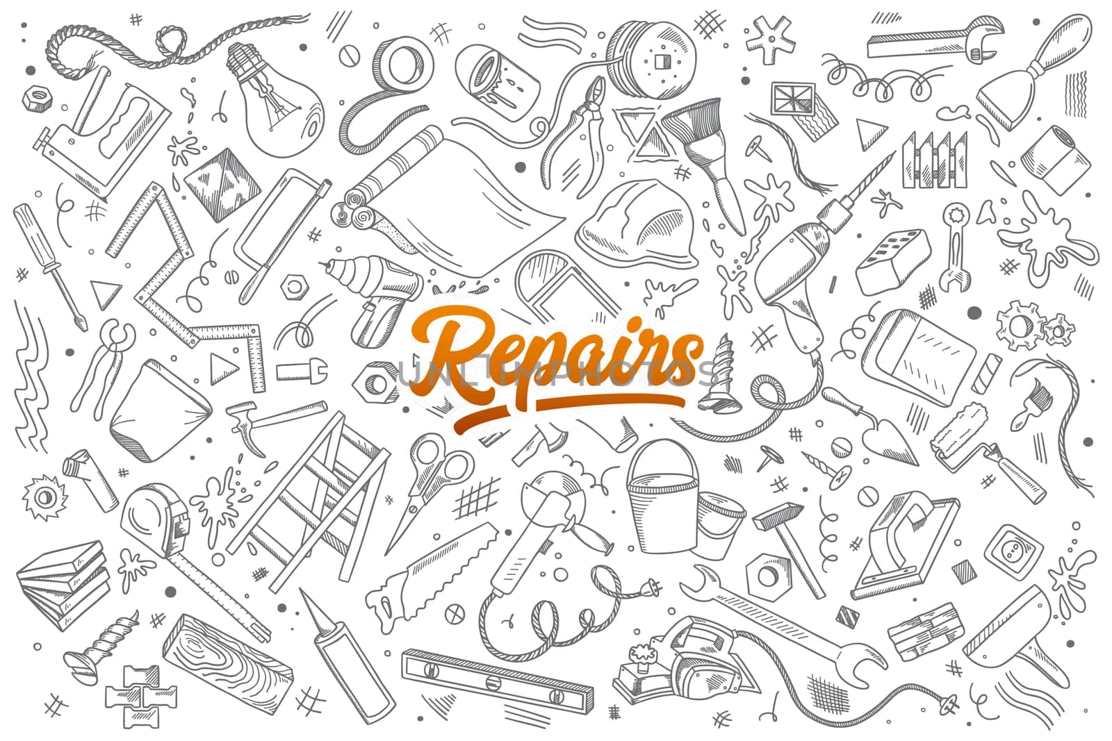 Hand drawn set of repairs instruments doodles with lettering in vector