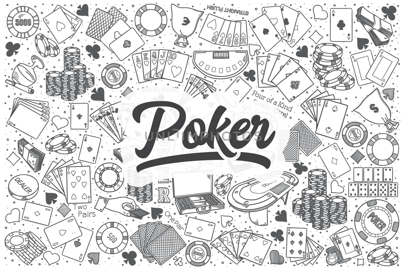 Hand drawn poker doodle set. Lettering - Poker