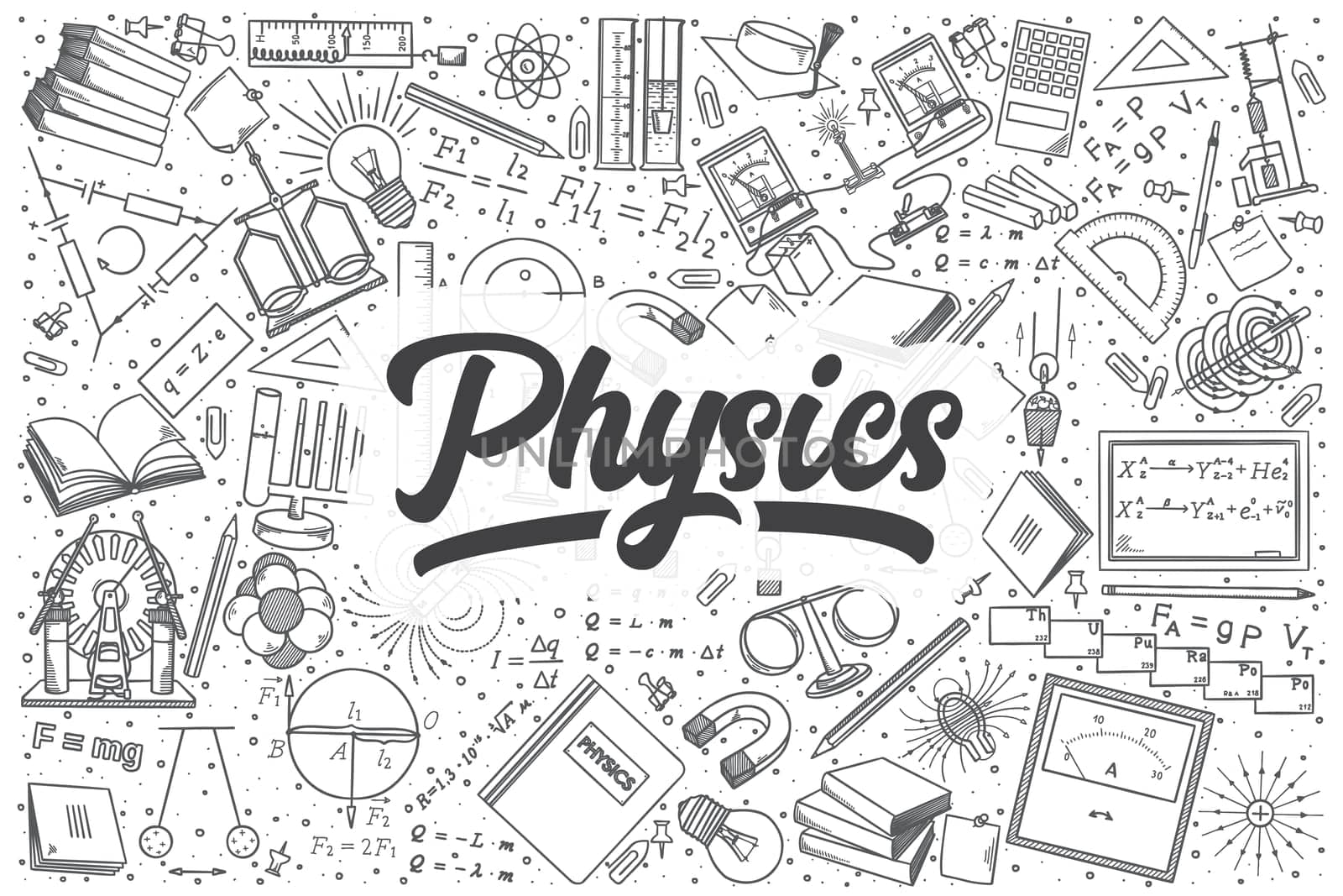 Hand drawn physics doodle set. Lettering - Physics