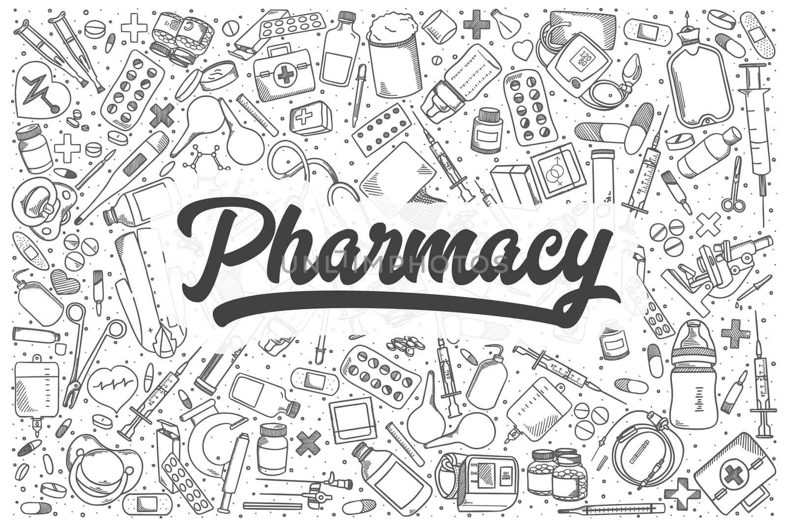 Hand drawn pharmacy doodle set. Lettering - Pharmacy
