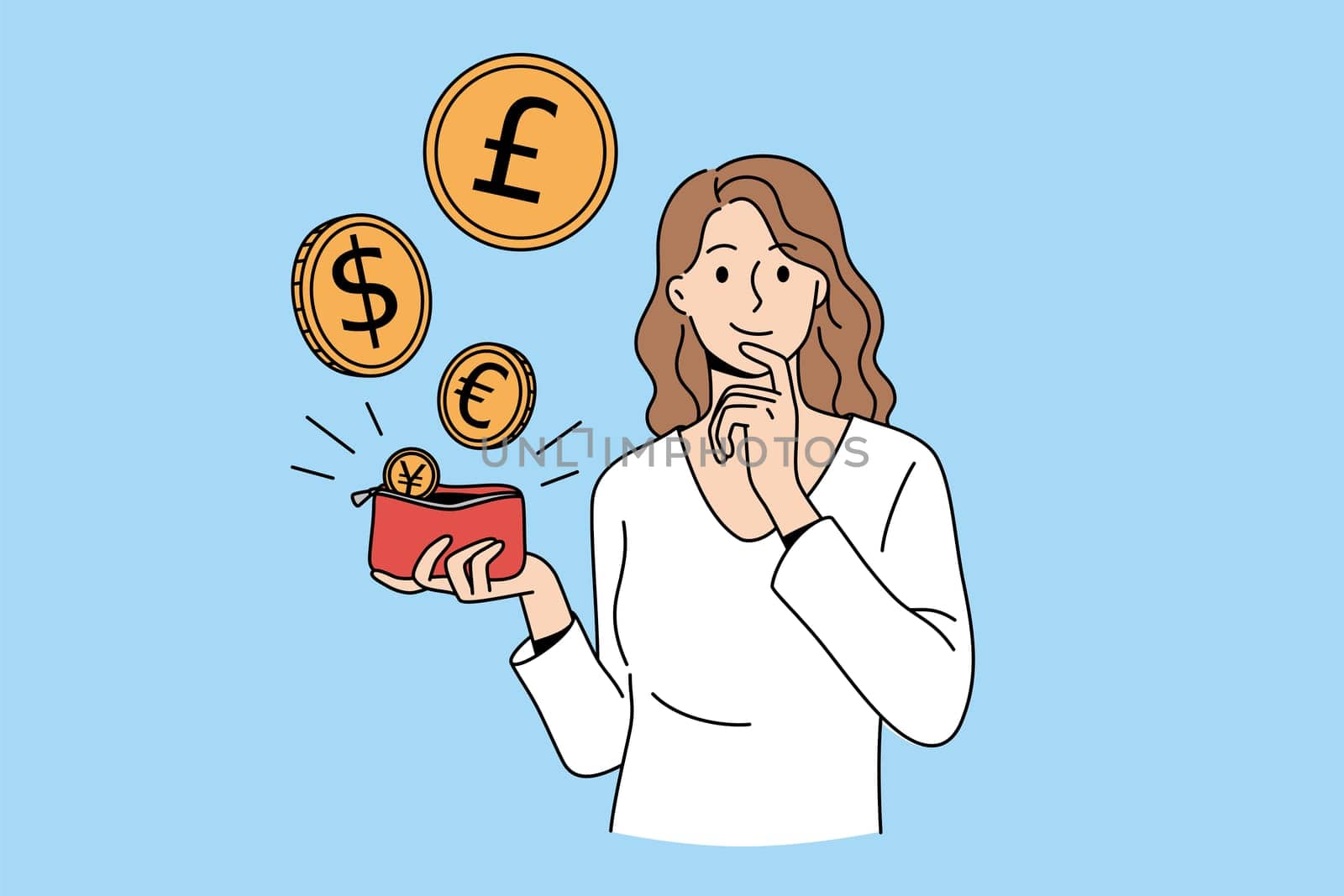 Various currency and money concept. Young smiling woman cartoon character standing holding red purse with flying different coins vector illustration