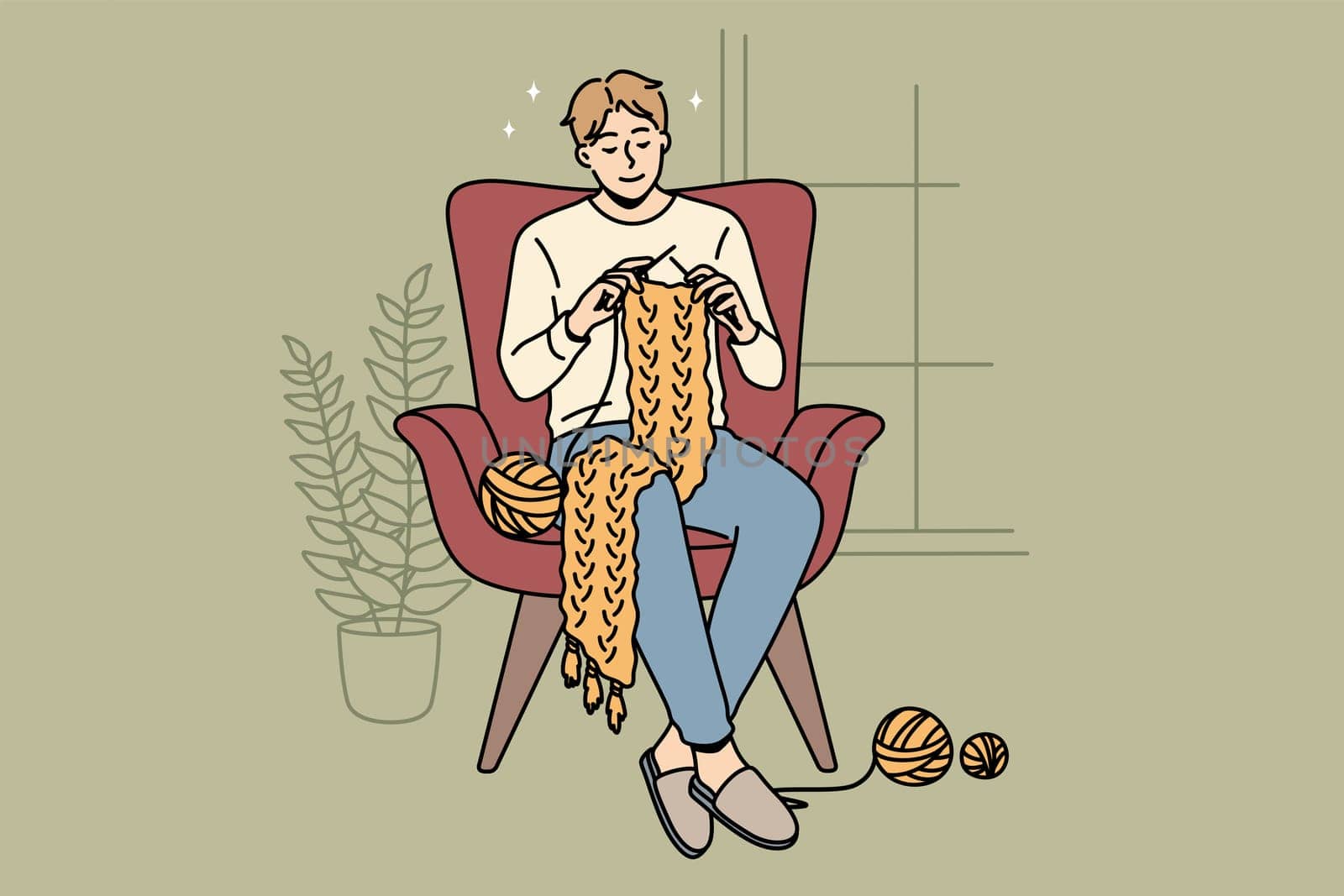 Home hobbies and knitting concept. Young smiling man cartoon character sitting at home in armchair knitting scarf vector illustration