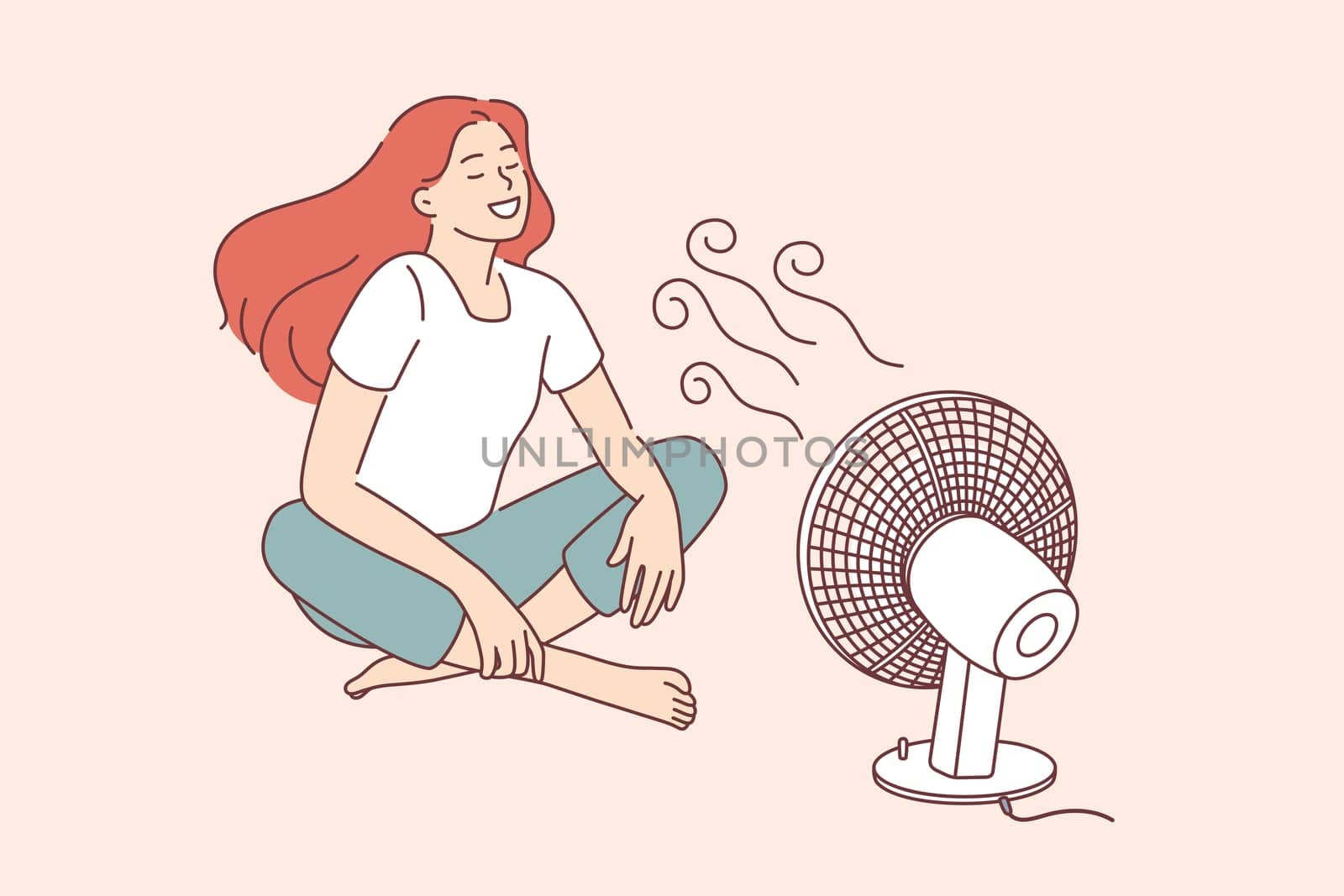 Enjoying cool wind waves concept. Young smiling woman cartoon character sitting on floor catching enjoying cool wind from fan vector illustration