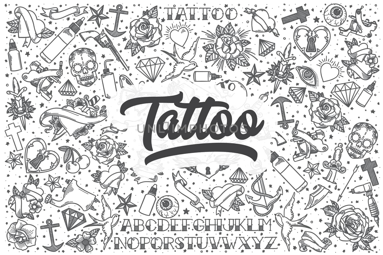 Hand drawn tattoo doodle set. Lettering - Tattoo