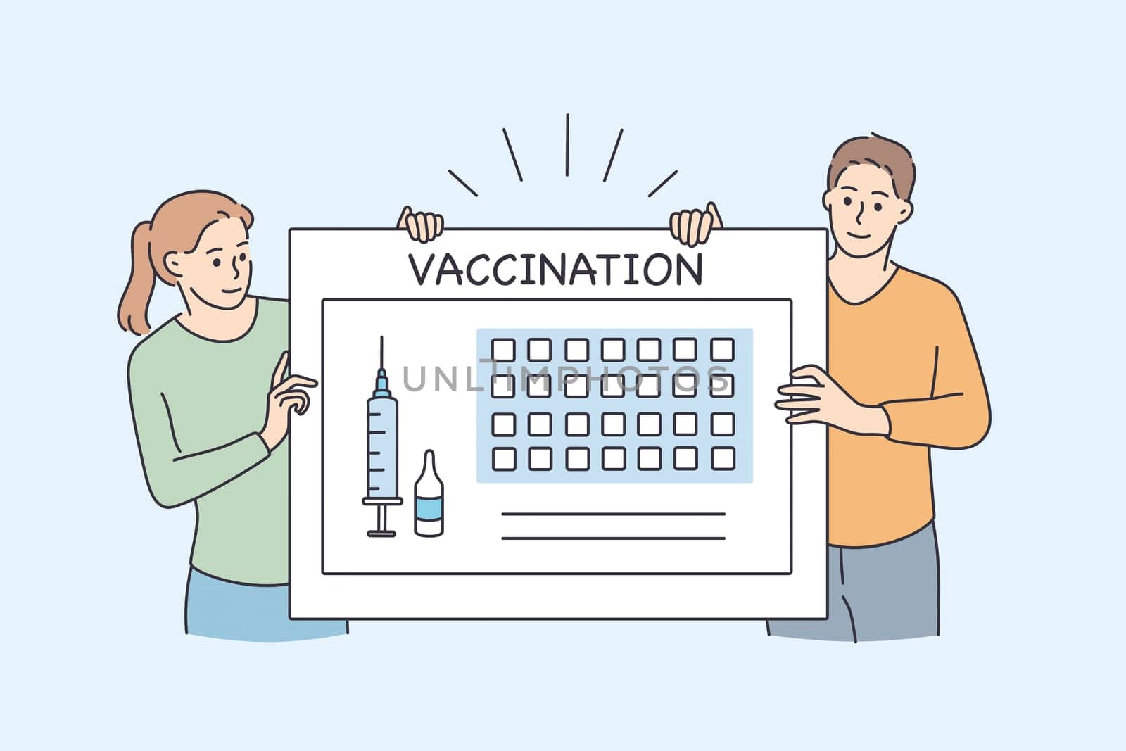 Vaccination calendar and healthcare during pandemic concept. Young people girl and boy standing near huge board with syringe and vaccination lettering vector illustration