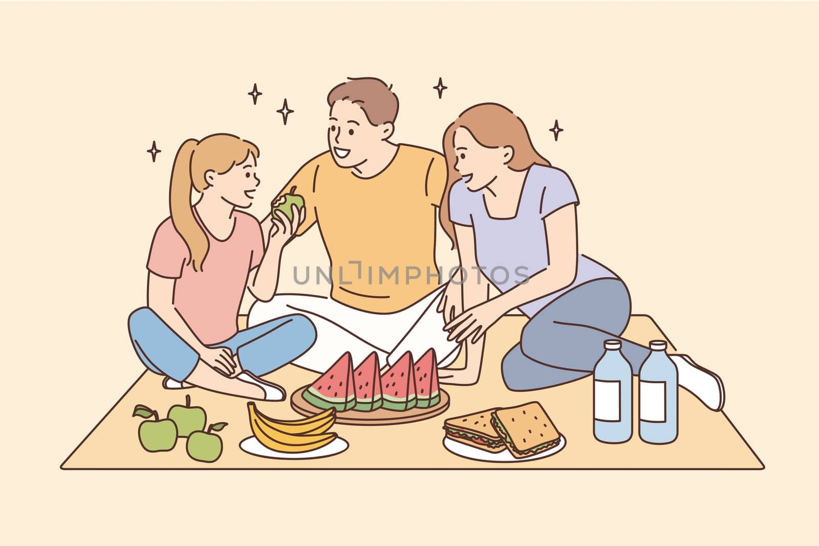 Having picnic and leisure time with family concept. Smiling happy family father mother daughter sitting together eating fruits having picnic vector illustration