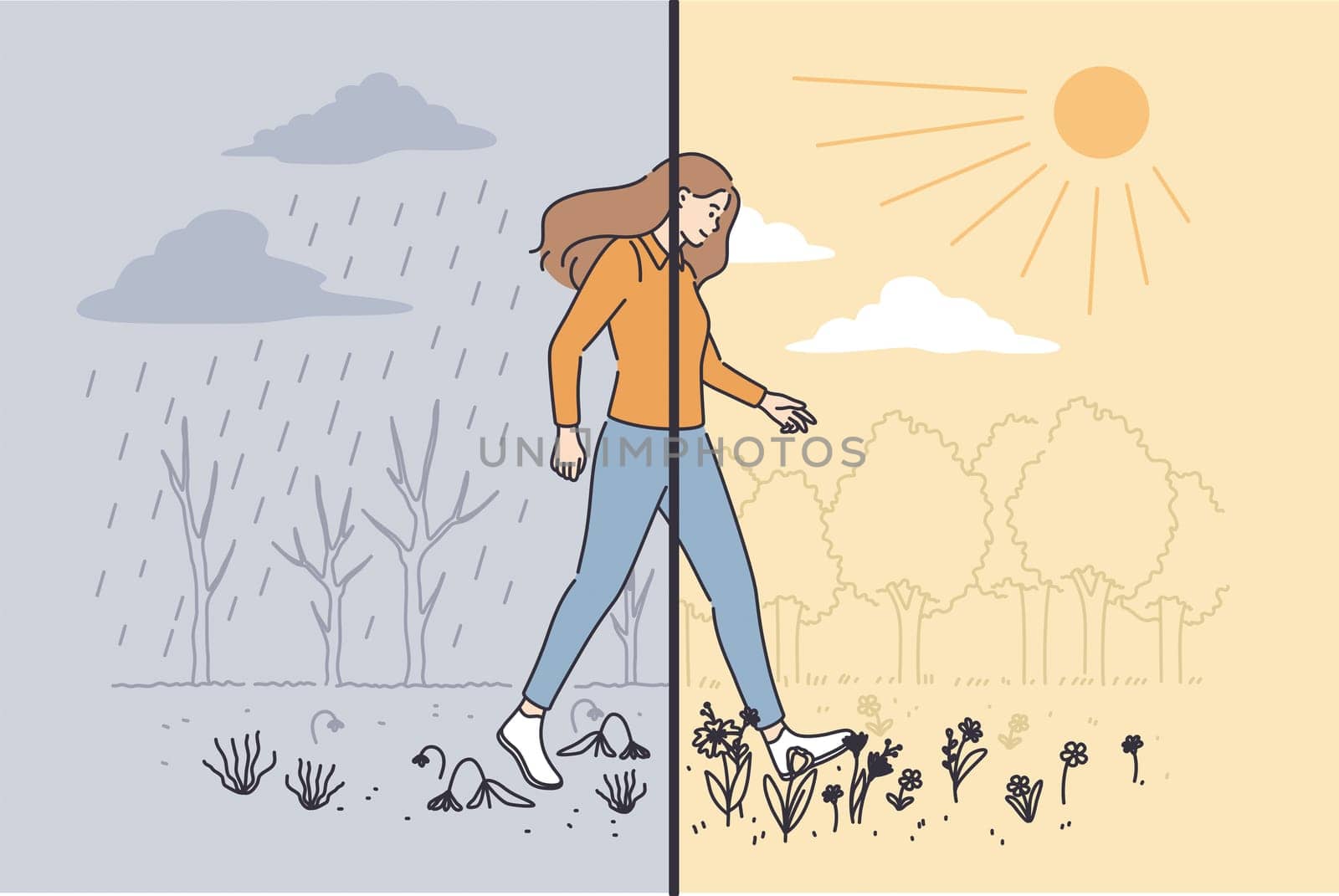 Variety of nature weather concept. Young woman cartoon character making step from gloomy grey rainy weather to sunny clear day vector illustration