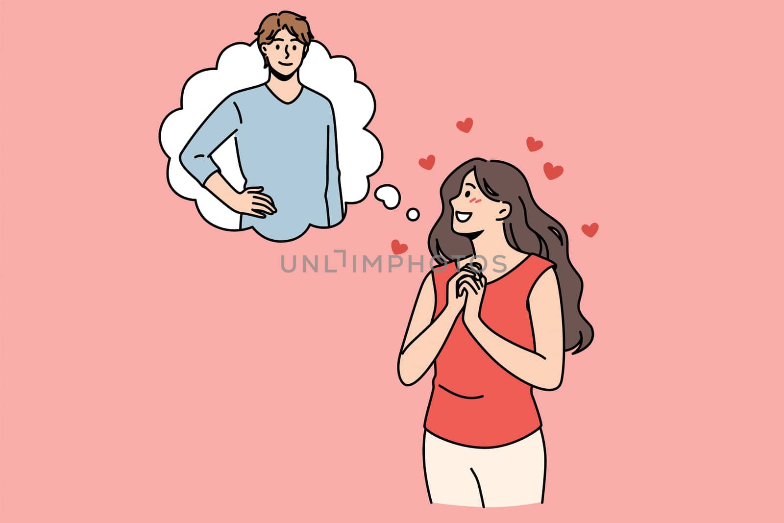 Feeling in love and romance concept. Young smiling female cartoon character standing feeling in love dreaming of her boyfriend vector illustration