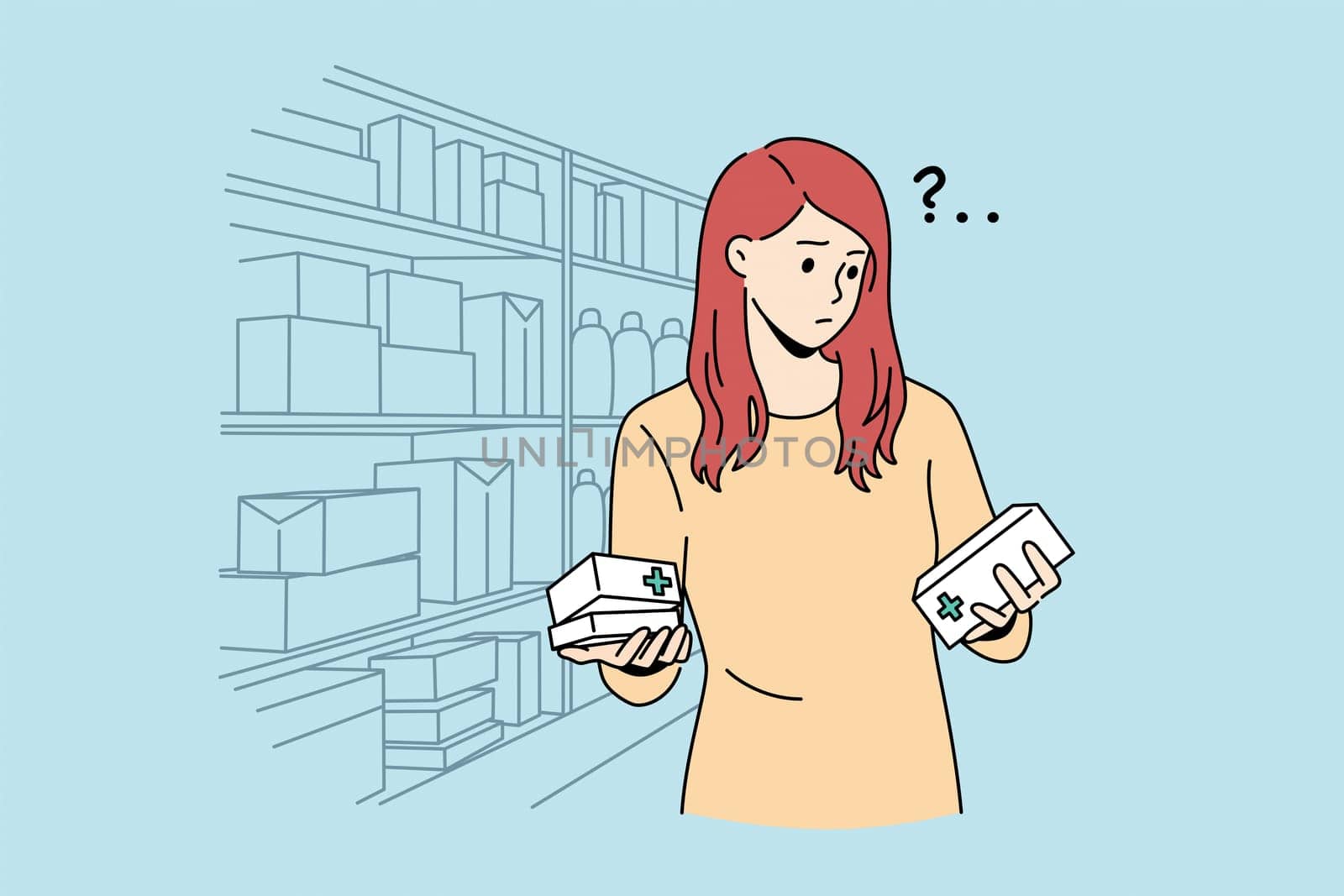 Difficult choice in pharmacy concept. Young frustrated woman cartoon character standing trying to choose right medicine in pharmacy shop vector illustration