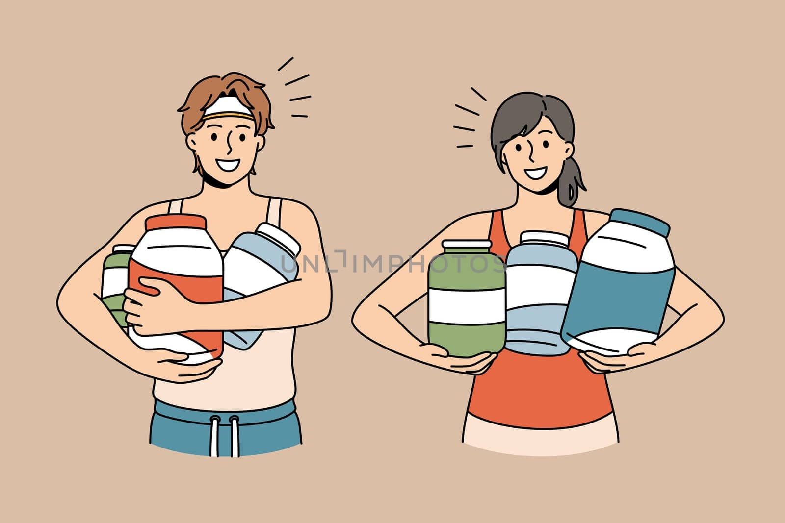 Dietary supplement and sport concept. Young smiling couple in sportswear standing holding jars with vitamins an dietary supplements vector illustration