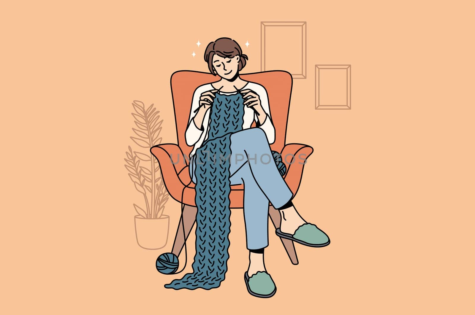 Knitting and Home hobbies concept. Young smiling woman cartoon character sitting at home in armchair knitting scarf with wool enjoying hobby vector illustration