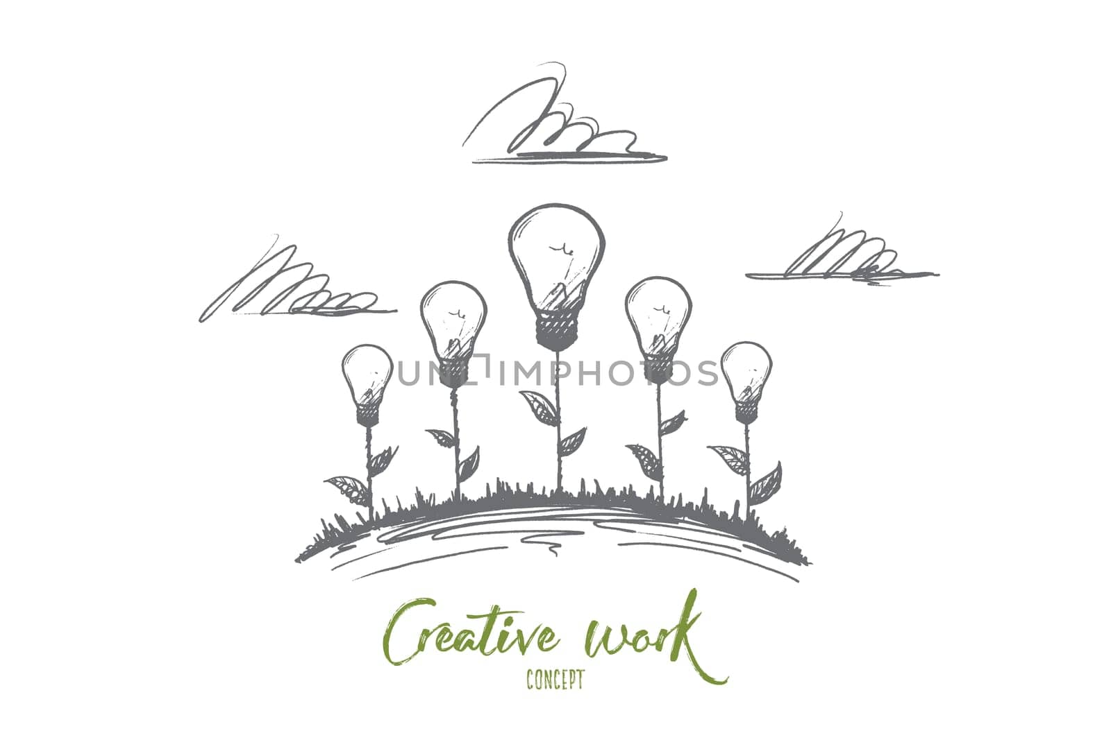 Creative work concept. Hand drawn creative illustrations of flowers. The birth of an idea. Incandescent lamp the symbol of creative idea isolated vector illustration.