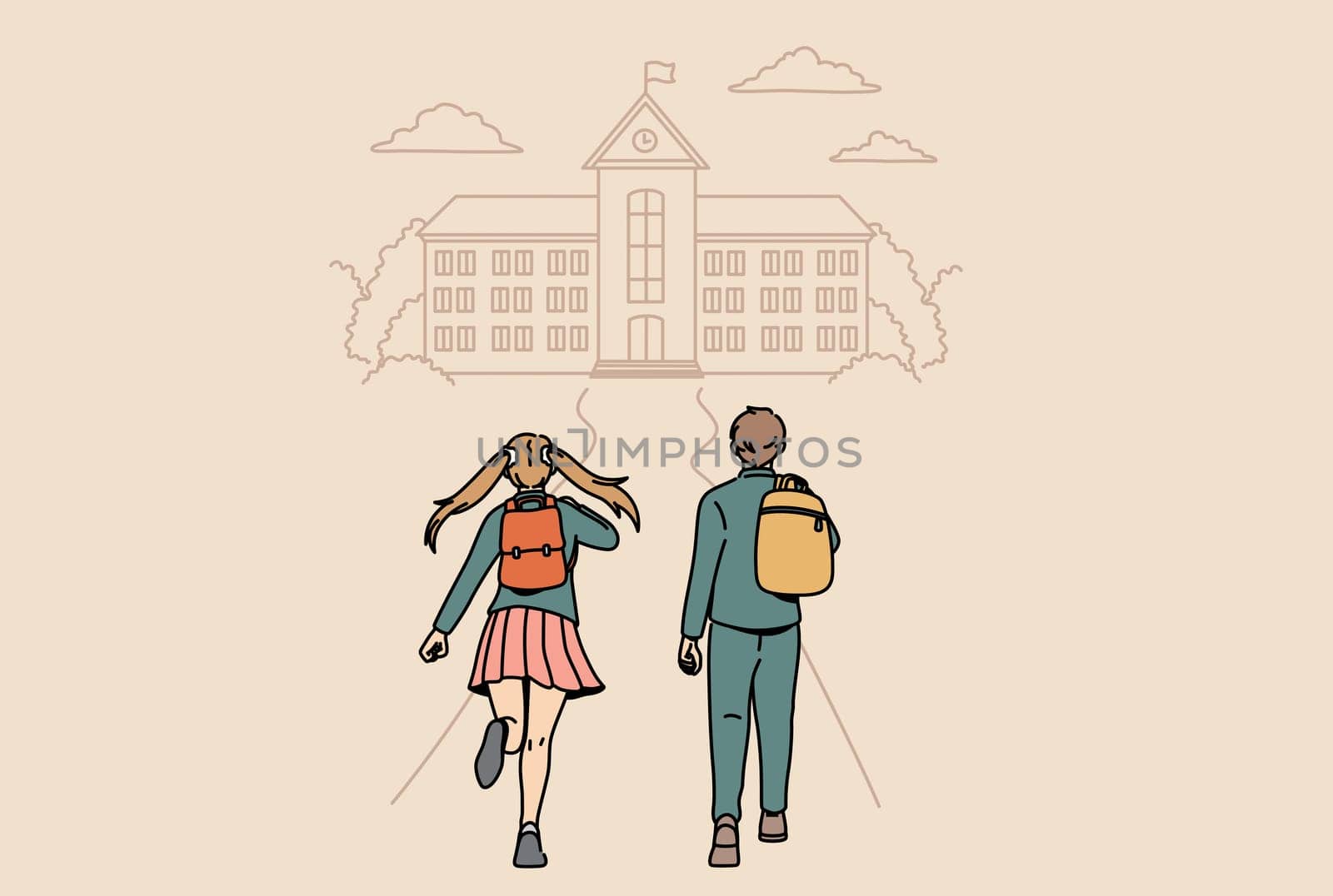 Back to school and education concept. Small boy and girl running backwards to school feeling positive and happy vector illustration