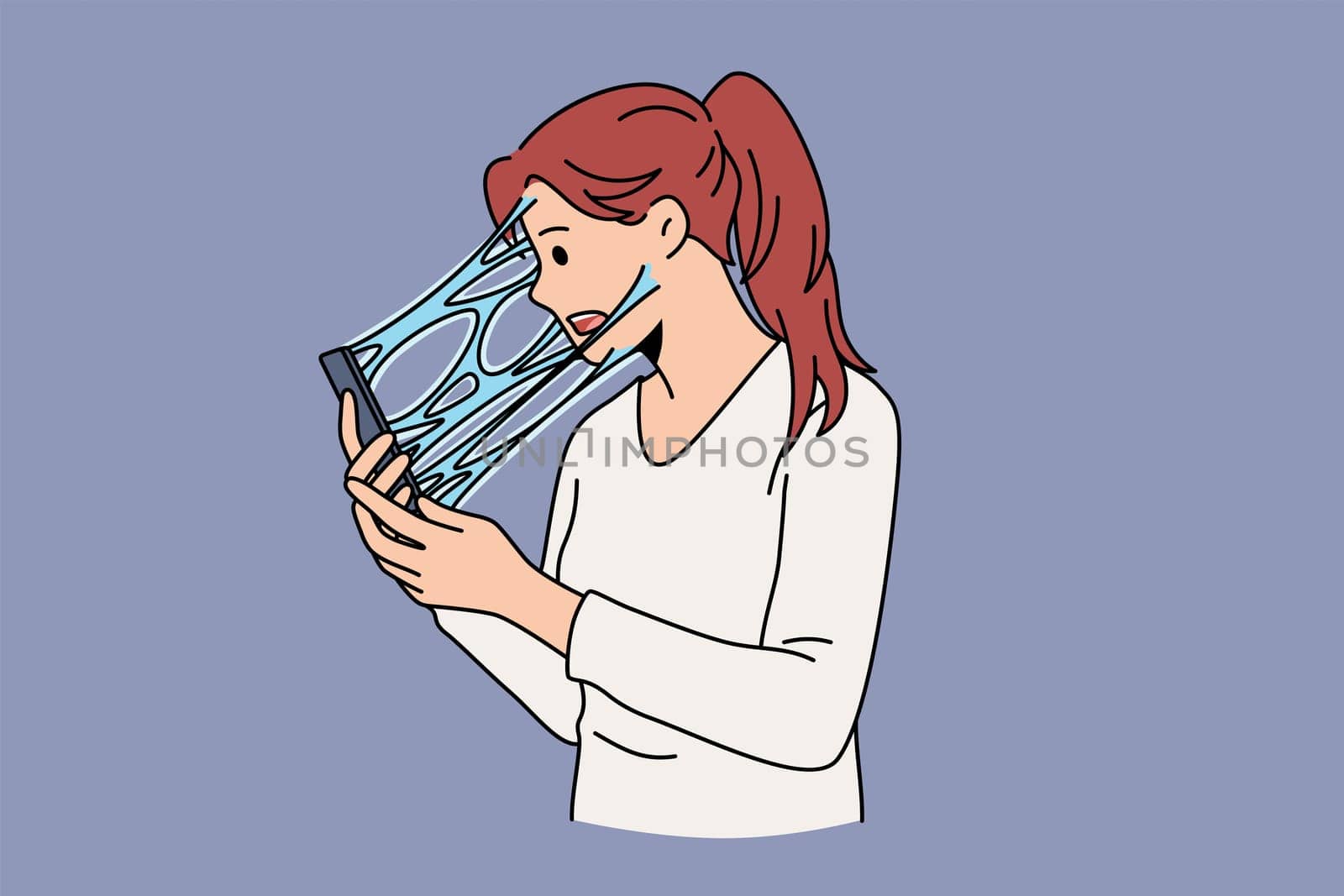 Addiction to internet and phone concept. Young stressed woman cartoon character standing feeling connected to screen phone with liquid vector illustration