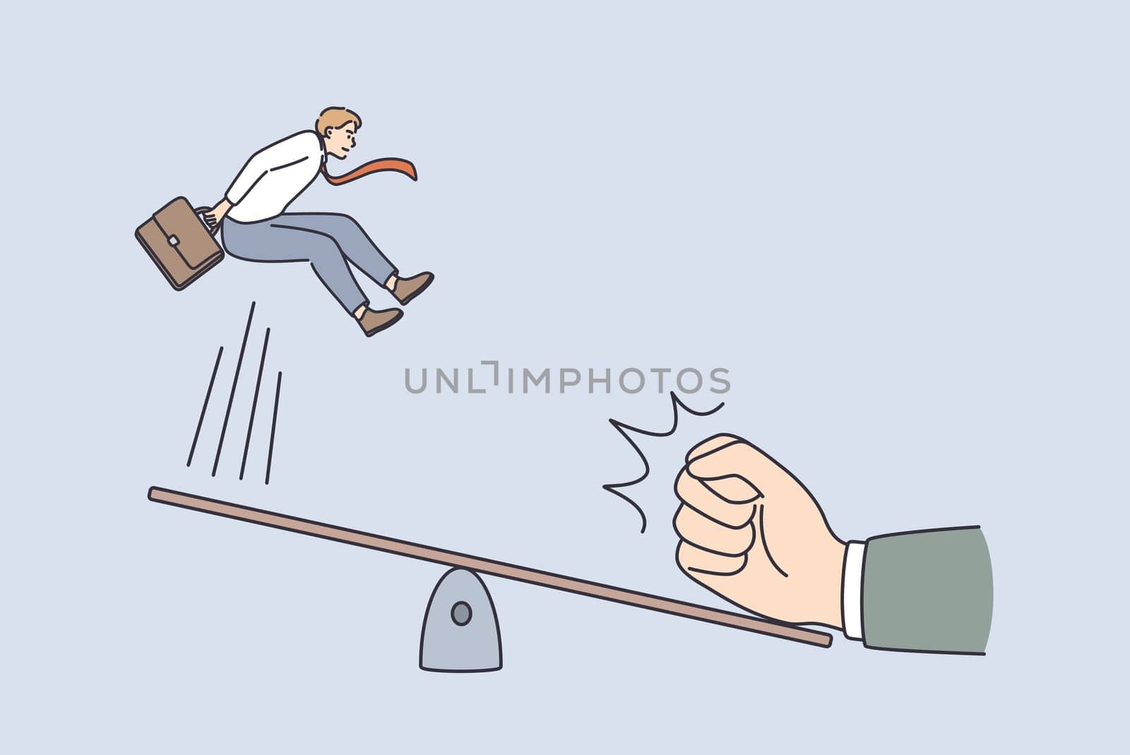 Great start and innovation concept. Young smiling businessman jumping from swing with human hand making push from another side vector illustration