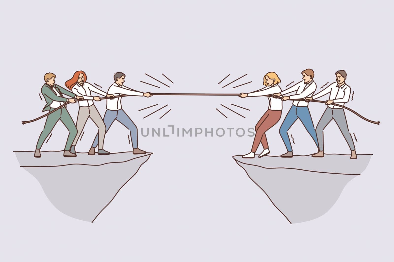 Business team and competition concept. Groups of business people teams coworkers competing with rope from opposite sides of abyss vector illustration