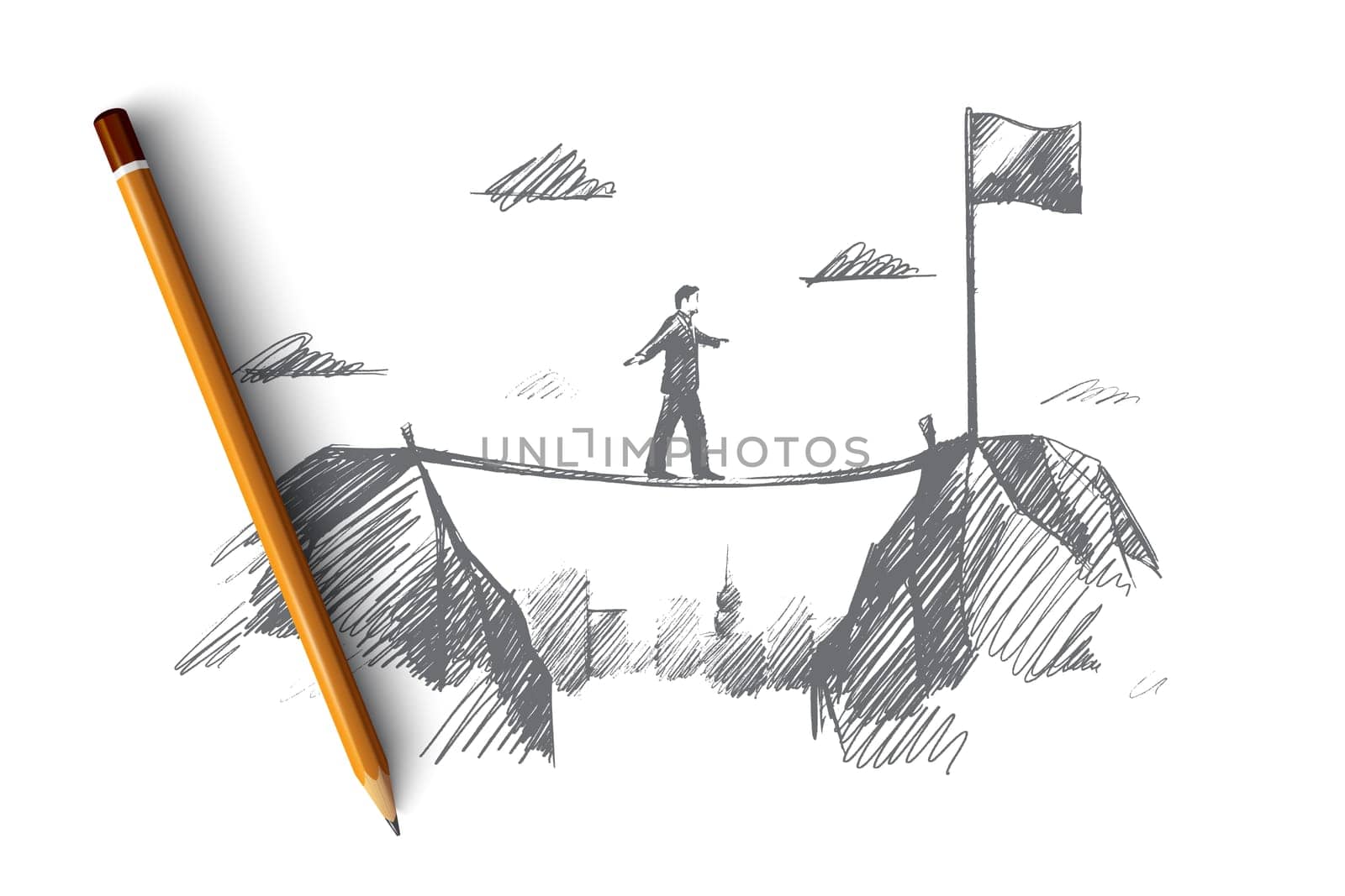 Business concept. Hand drawn businessman coming to his goal. man moves towards the goal isolated vector illustration.