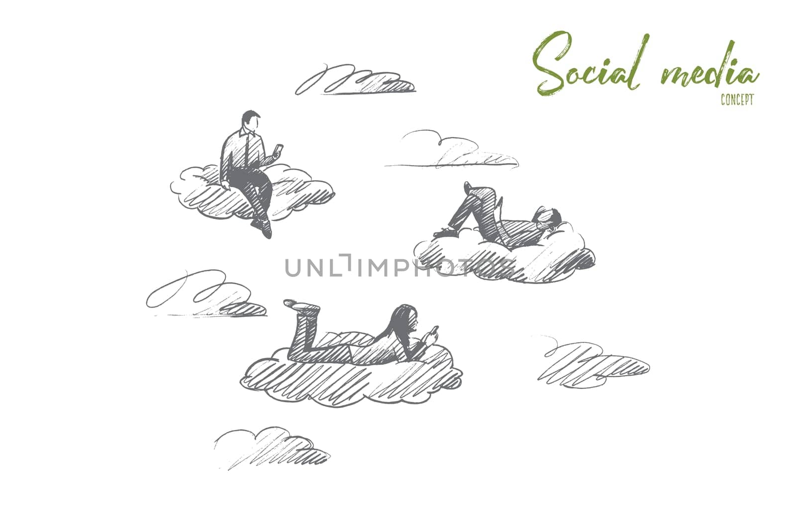 Social media concept. Hand drawn people connected with digital devices. Men and women have communication through the internet isolated vector illustration.