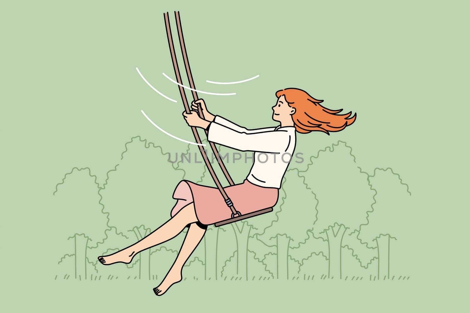 Summer leisure and activities concept. Young smiling woman cartoon character enjoying ride on swings outdoors enjoying ride vector illustration