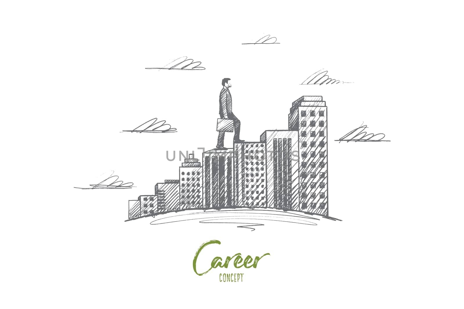 Career concept. Hand drawn man moves towards the goal. Person moves higher, symbol of ambition isolated vector illustration.