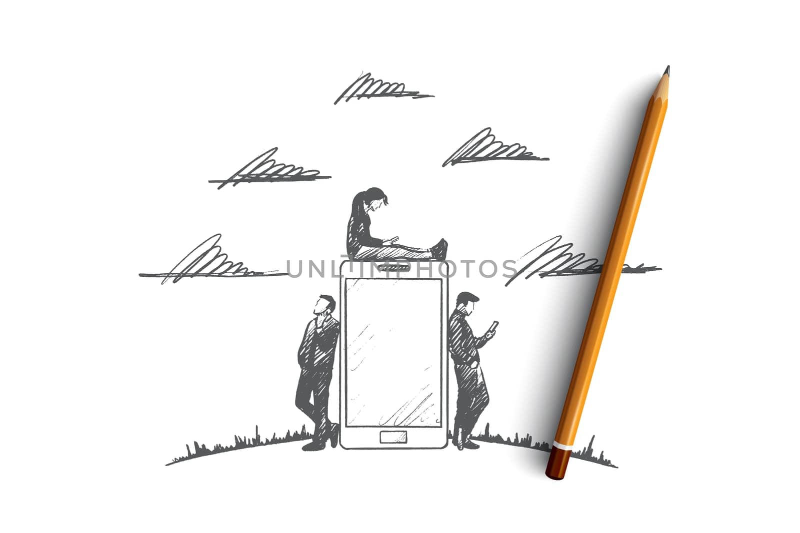 Gadgets time concept. Hand drawn people with gadgets. Men and women using smartphone and tablet. People browsing internet isolated vector illustration.