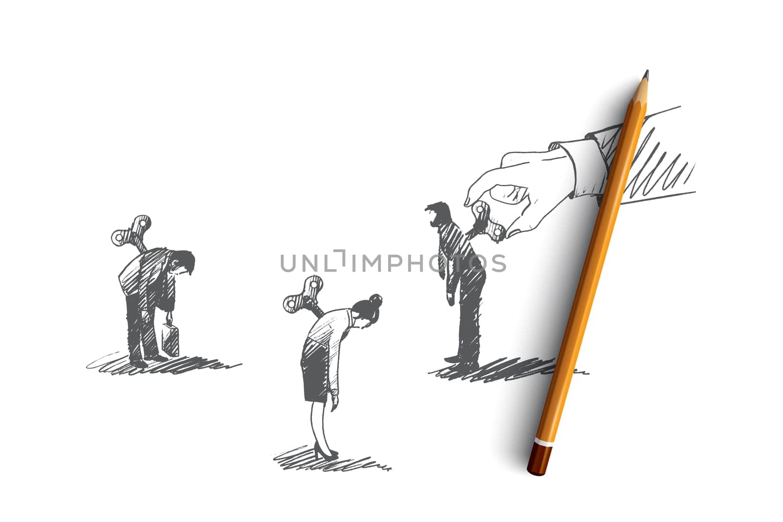Motivation concept. Hand drawn people who need motivation. One man motivate another isolated vector illustration.