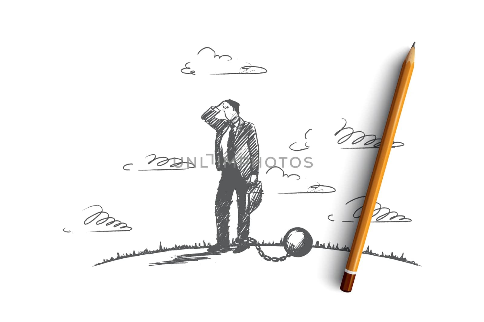Debt concept. Hand drawn businessman chained to a large ball. Man in financial trouble isolated vector illustration.