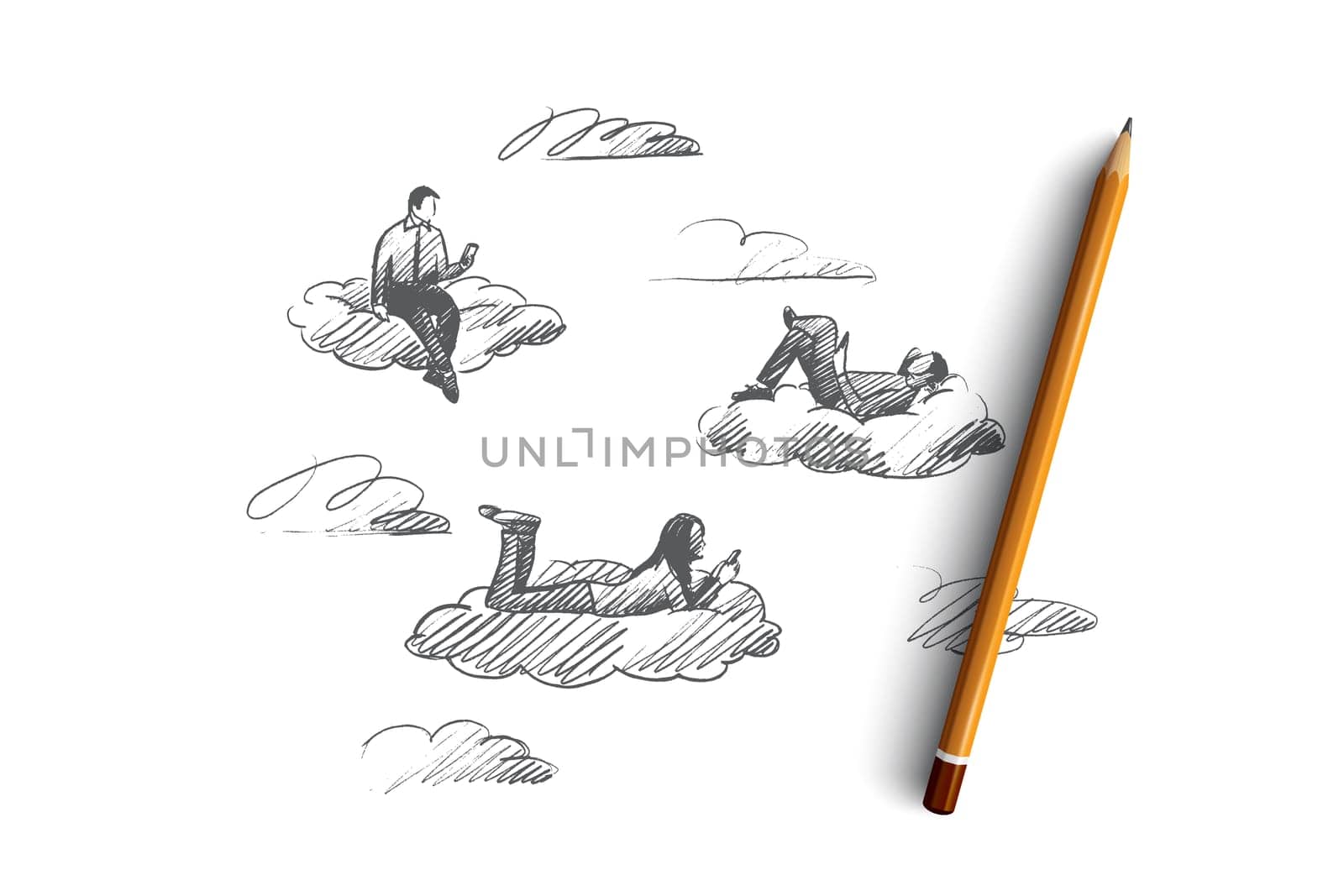 Social media concept. Hand drawn people connected with digital devices. Men and women have communication through the internet isolated vector illustration.