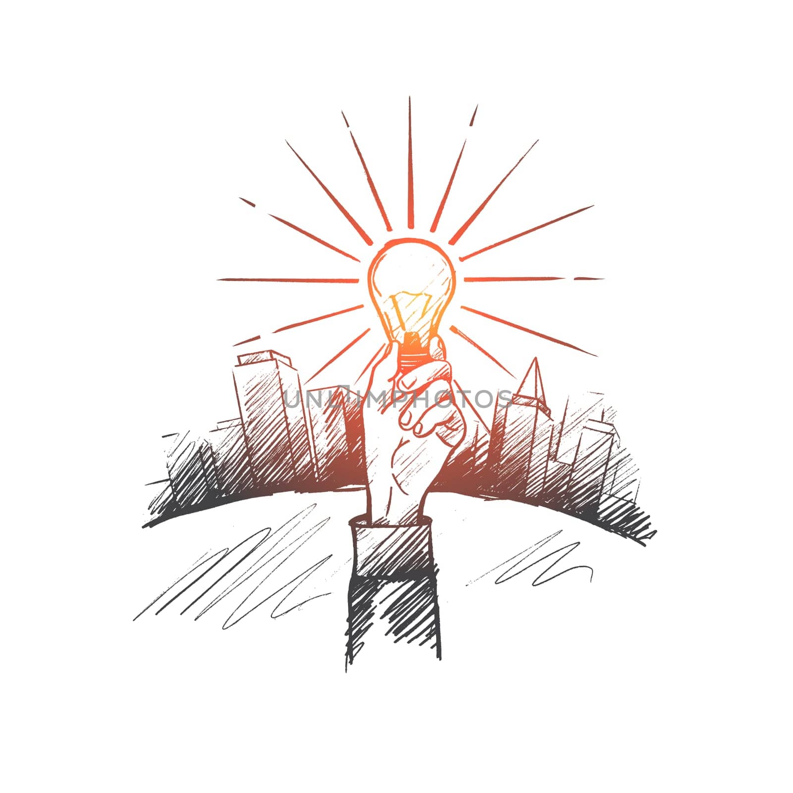 The best idea concept. Hand drawn hand with luminous light bulb. Bulb as a symbol of new idea isolated vector illustration.