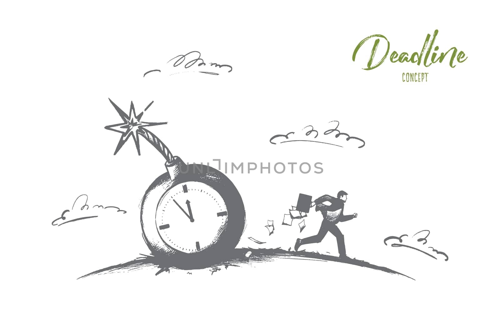 Deadline concept. Hand drawn businessman do urgent job in stress. Person running fast to do work in time isolated vector illustration.