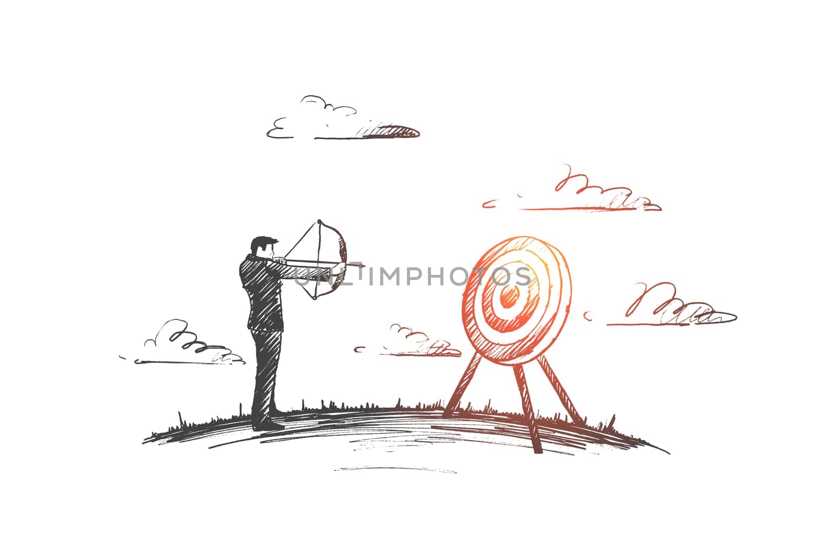 Target concept. Hand drawn man holding target with a dart in the center. Concept of objective attainment isolated vector illustration.
