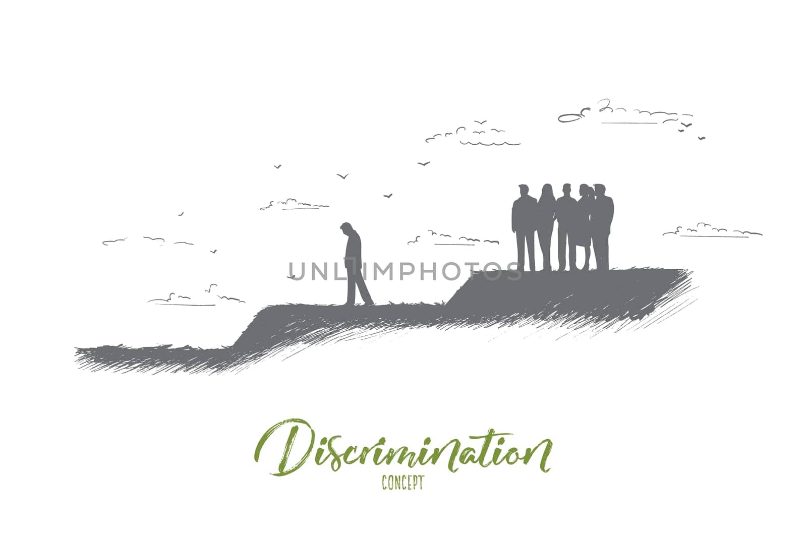 Discrimination concept. Hand drawn crowd of people expels one man from their community. Gossip people against one person isolated vector illustration.