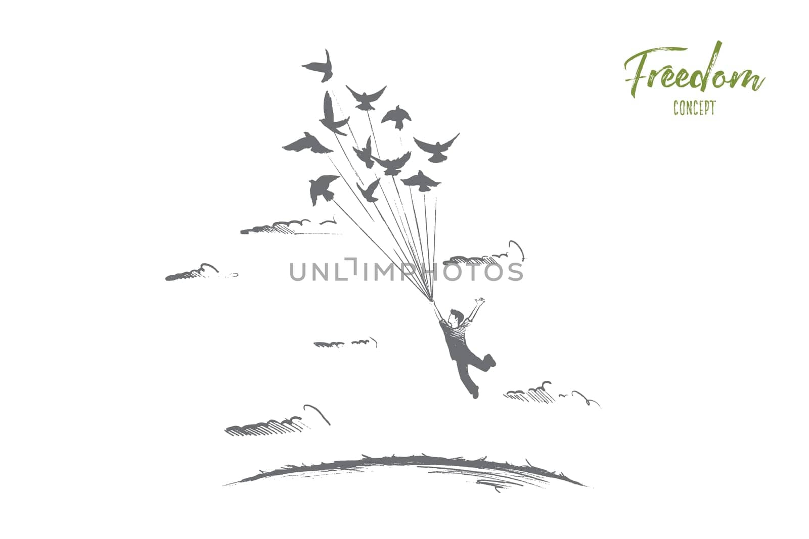 Freedom concept. Hand drawn person flying with birds. Emotion of freedom and happiness isolated vector illustration.