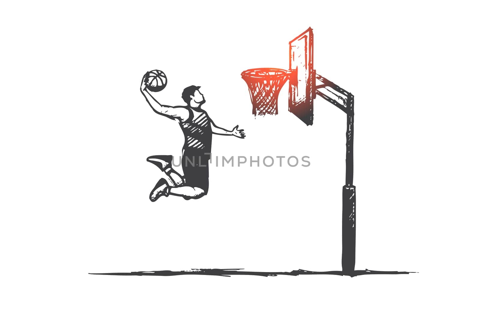 Basketball concept. Hand drawn player with ball jumping. Man playing in basketball isolated vector illustration.