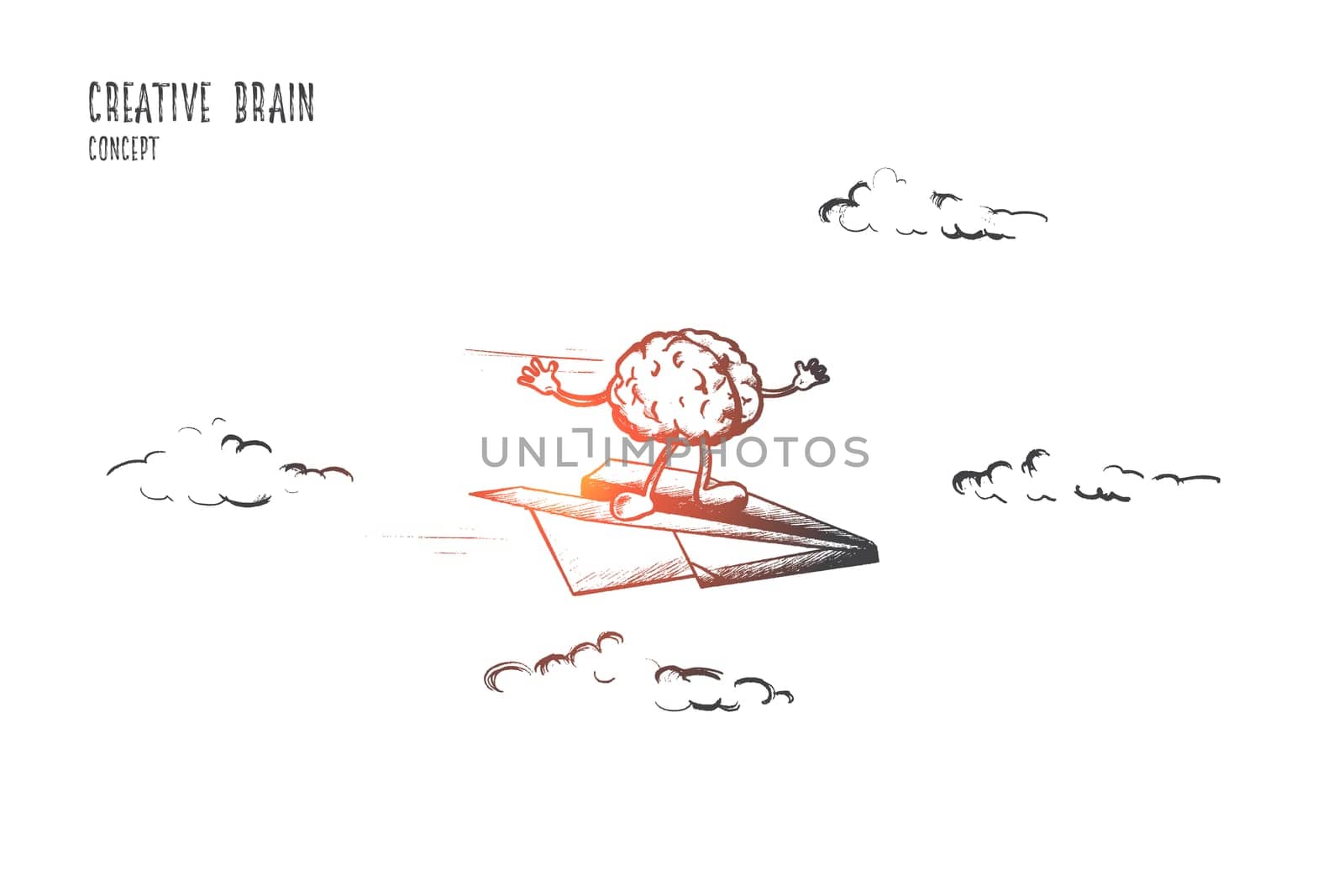 Creative brain concept. Hand drawn power of mind, human brain. Right and left hemispheres flying isolated vector illustration.