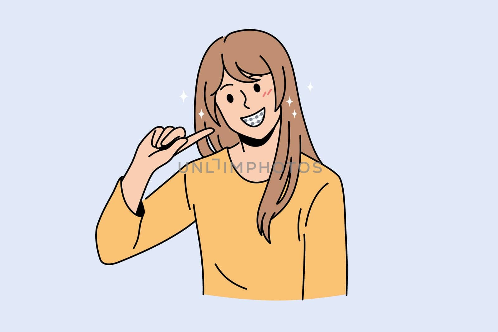 Problems with teeth and dental crisis concept. Young smiling girl cartoon character standing pointing at her bad black teeth with cavity vector illustration