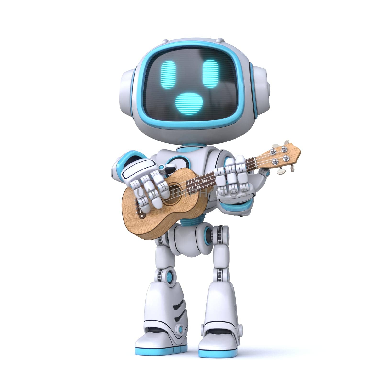 Cute blue robot playing ukulele 3D rendering illustration isolated on white background