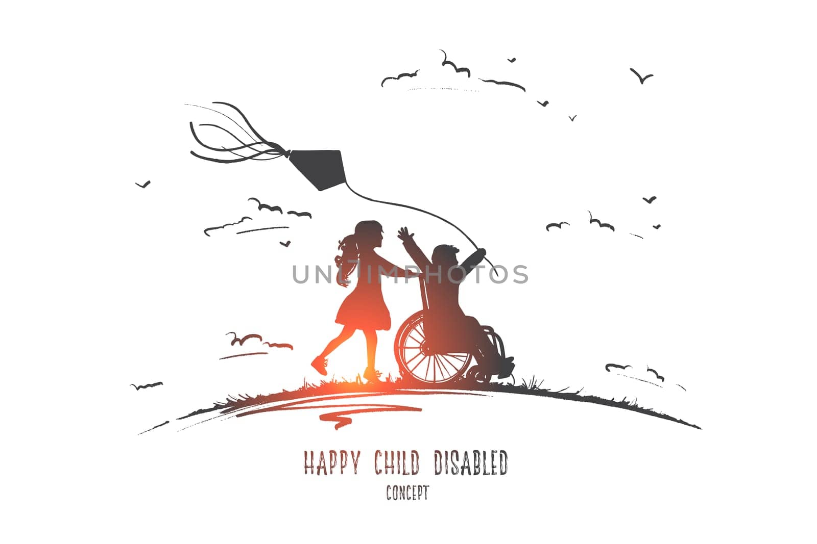 Happy child disabled concept. Hand drawn little girl pushing boy in wheel chair. Disabled has fun outside isolated vector illustration.
