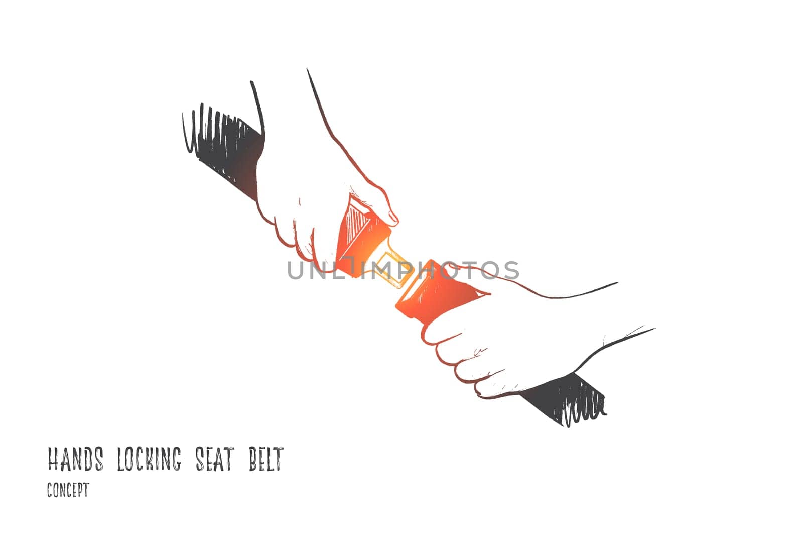Fasten seat belt concept. Hand drawn hands locking seat belt. Protection of passenger during traffic isolated vector illustration.